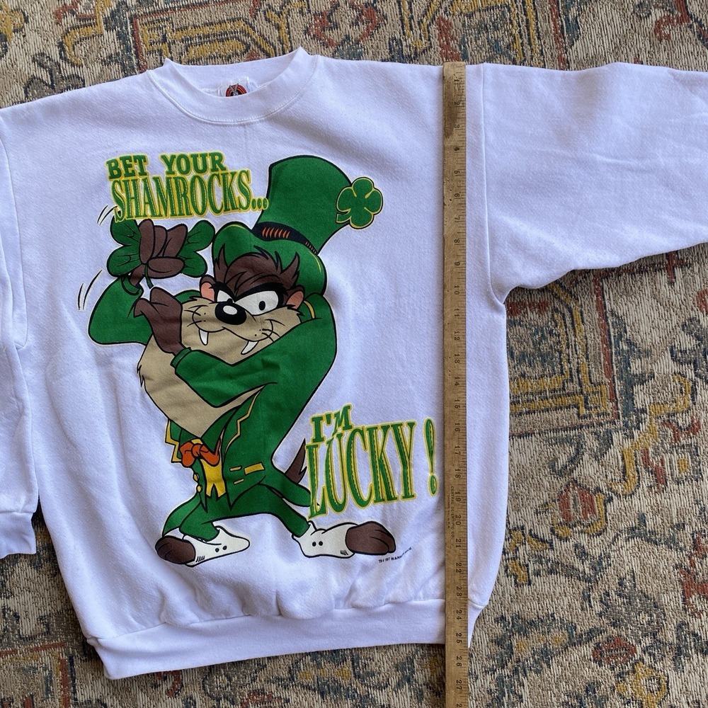 Vintage 1997 Warner Bros Taz I'm Lucky St. Patricks Pullover Crew Size Large 90s - Picture 6 of 9